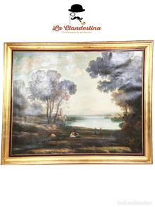 Arte: Enorme oleo sobre lienzo. Paisaje italiano. Escena costumbrista. Giuseppe Cafaro. 148 x 121 cm.